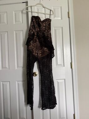 Strapless Black Lace Overlay Jumpsuit with Nude Lining